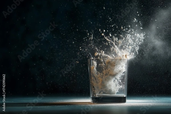 Fototapeta Slow-motion splash of collagen powder falling into glass of water with crystal droplets frozen mid-air, backlit glow, cinematic clarity, dynamic still life, horizontal composition