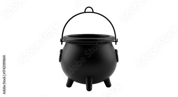 Fototapeta Shiny Black Cauldron with Handle and Three Legs for Halloween