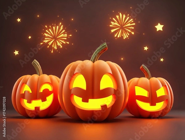 Fototapeta Happy Pumpkins under Fireworks – Bright Halloween Background
