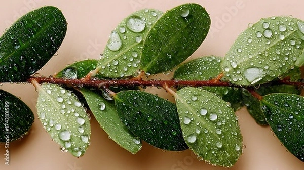 Fototapeta Lush green leaves on a branch glisten with fresh water droplets creating a refreshing natural background.