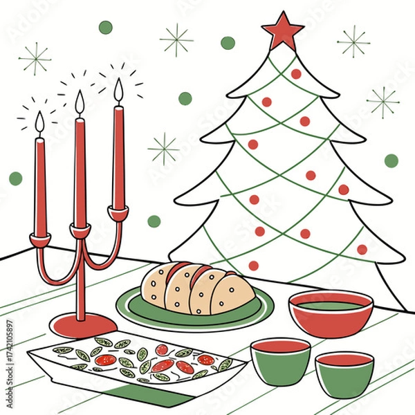 Fototapeta Vector art of festive christmas dinner illustration featuring a decorated tree, candles, and food, perfect for holidaythemed designs and greeting cards
