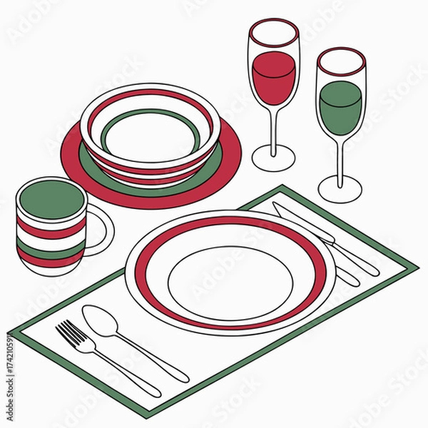 Fototapeta Vector art of festive holiday table setting featuring dinnerware, cutlery, and glassware arranged on a placemat, perfect for christmas or new years eve celebration
