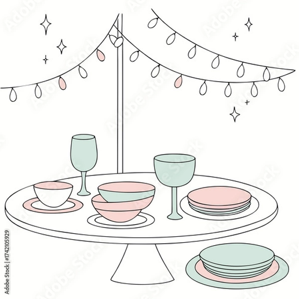 Fototapeta Vector art of a delightful illustration showcasing a festive table setting with string lights, evoking a sense of celebration and joy in a clean, minimalist style