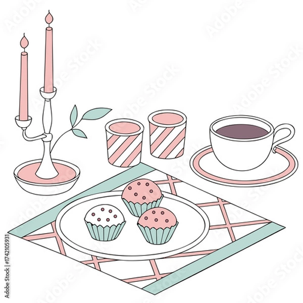 Fototapeta Vector art of a charming still life illustration featuring a cozy arrangement of candles, cupcakes, and a cup of coffee, evoking a sense of warmth and comfort in a minimalist style