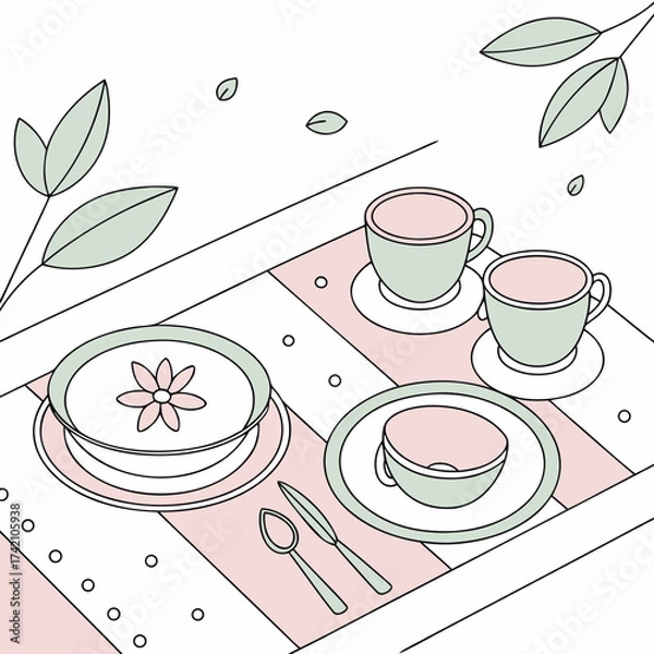 Fototapeta Vector art of an inviting illustration depicting a charming table setting with tea cups and a bowl of soup, evoking a sense of tranquility and warmth in a minimalist style