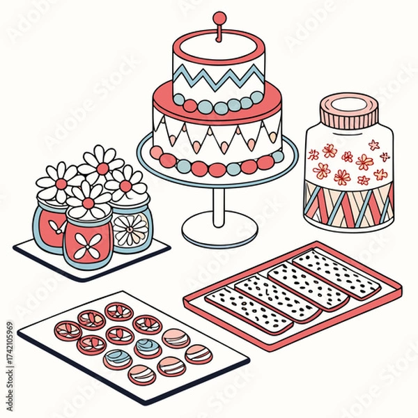 Fototapeta Vector art of a delightful assortment of homemade treats, including a twotiered cake, jars of flowers, cookies, and candies, all arranged on a white surface