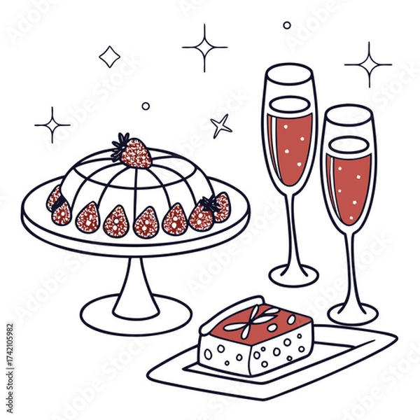 Fototapeta Vector art of festive dessert table with strawberry panna cotta, cake, and champagne flutes, perfect for celebrations, parties, or special occasions, creating a sweet and joyful atmosphere