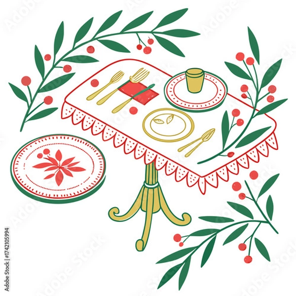 Fototapeta Vector art of charming illustration of a festive holiday dinner table setting with dishes, cutlery, and olive branches, perfect for seasonal designs