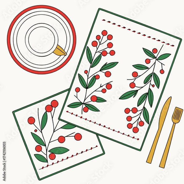 Fototapeta Vector art of overhead shot of a festive christmas table setting with placemats adorned with holly berry designs, a plate with a cup, and golden cutlery perfect for holiday designs