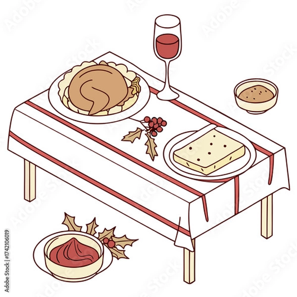 Fototapeta Vector art of festive christmas dinner table illustration featuring a turkey, wine, and side dishes on a white tablecloth with red stripes perfect for holiday designs