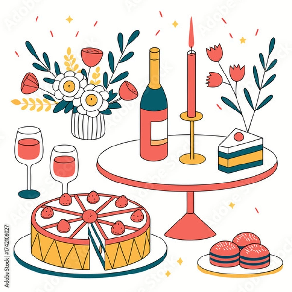 Fototapeta Vector art of a delightful vector illustration showcasing a festive celebration with wine glasses, a bottle, cake, macarons, and flowers, perfect for invitations or designs