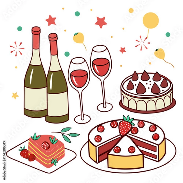 Fototapeta Vector art of a charming vector illustration featuring wine bottles, glasses, and cakes adorned with strawberries, perfect for celebrations, invitations, or foodrelated designs