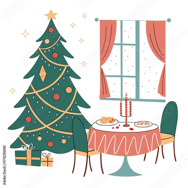 Fototapeta Vector art of festive christmas dinner scene featuring a decorated christmas tree with gifts, a table set for a holiday meal, and a window with curtains creating a cozy atmosphere