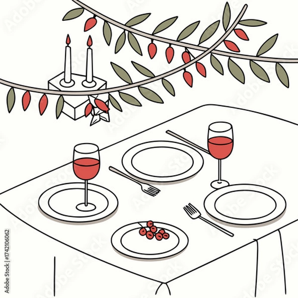 Fototapeta Vector art of elegant christmas dinner table setting featuring wine glasses, plates, and festive decorations creating a sophisticated and celebratory atmosphere for the holiday season