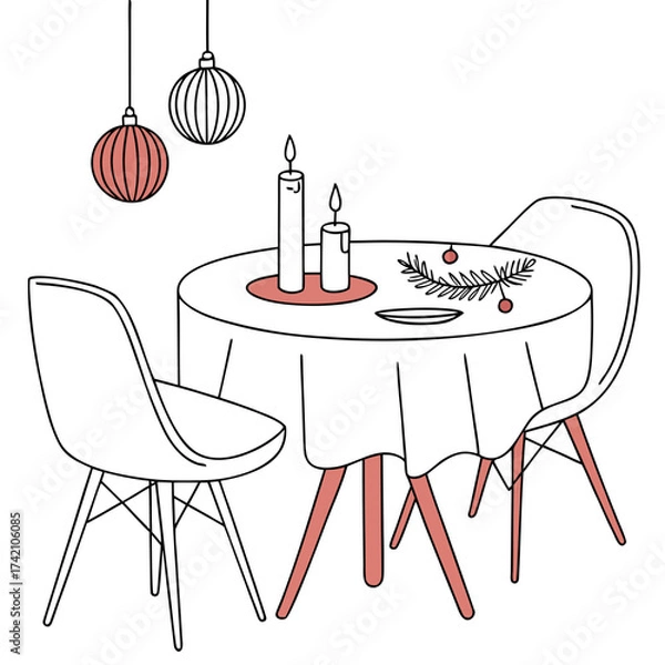 Fototapeta Vector art of festive dining table with chairs, ornaments, candles, and a sprig of greenery, perfect for holiday gatherings and creating a warm, inviting atmosphere