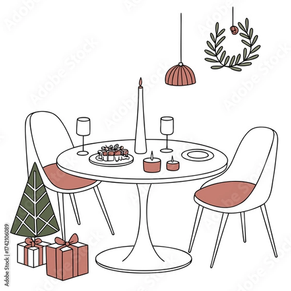 Fototapeta Vector art of festive christmas dinner table featuring a round table with chairs, presents, cake, candles, and a wreath, creating a cozy and inviting holiday scene
