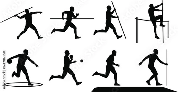 Fototapeta Silhouette of male athletes performing javelin throw, pole vault, running, shot put, long jump, professional track and field sports illustration