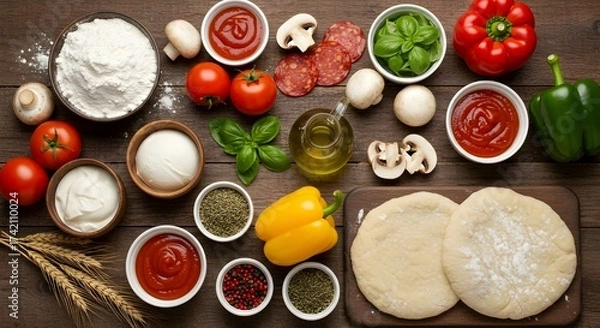 Fototapeta Healthy dinner with fresh vegetables on the grill and Italian pasta with tomato and basil on a white table