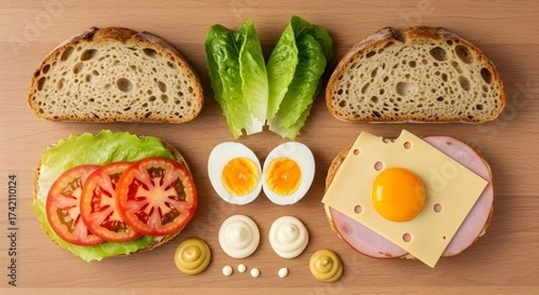 Fototapeta Freshly sliced bread with healthy vegetable, egg, and cheese fillings makes a delicious and complete sandwich meal or breakfast snack