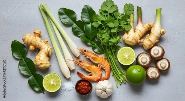 Obraz Grilled fresh asparagus and shrimp appetizer plate with healthy green vegetables and gourmet seafood