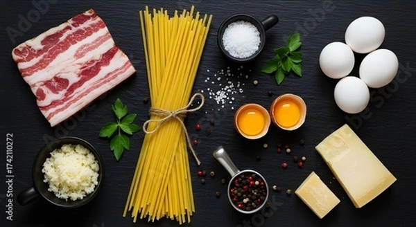 Obraz Fresh spaghetti pasta with raw red tomato and basil ingredients for a healthy Italian meal