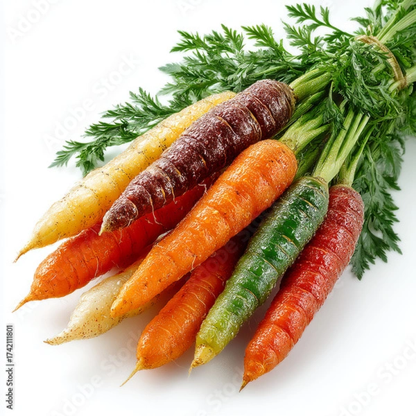 Fototapeta Colorful carrots with green tops tied together on a white surface in a close up view from above