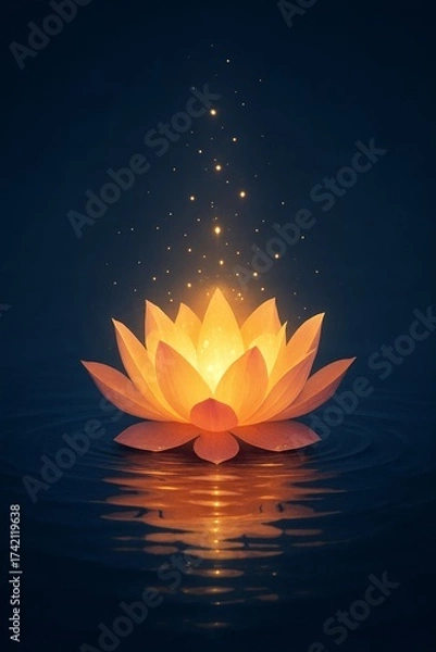 Fototapeta Glowing lotus flower floating on calm water at night. Peaceful, spiritual image symbolizing light and serenity.