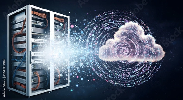 Fototapeta Cloud Computing Visual: Servers and Data Transfer to the Cloud, Connection Between Data Center and Cloud Network in Conceptual Image