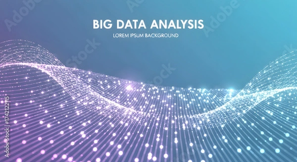 Fototapeta Abstract Big Data Visualisation with Wavy Lines and Luminous Dots, Futuristic Technological Data Background