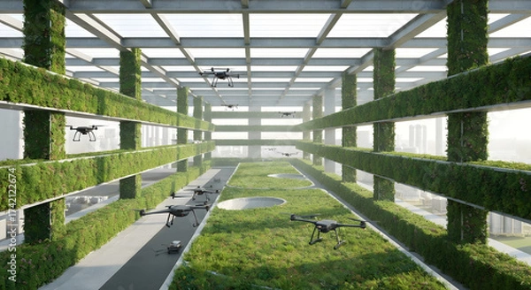Fototapeta Drones Flying Through a Green Building Structure, Aerial Delivery Drones in a Vertical Farm Environment