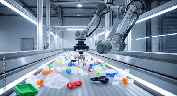 Fototapeta Robot arm in a recycling plant sorting plastic waste on a conveyor belt, Automated robotic system for waste management in a recycling facility