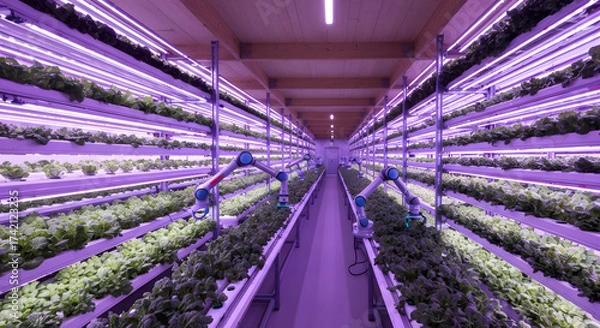 Fototapeta Vertical Farm with Robots: A Vision of Sustainable Agriculture, Indoor Farming with Robotic Arms Cultivating Lettuce Under Purple LED Lights