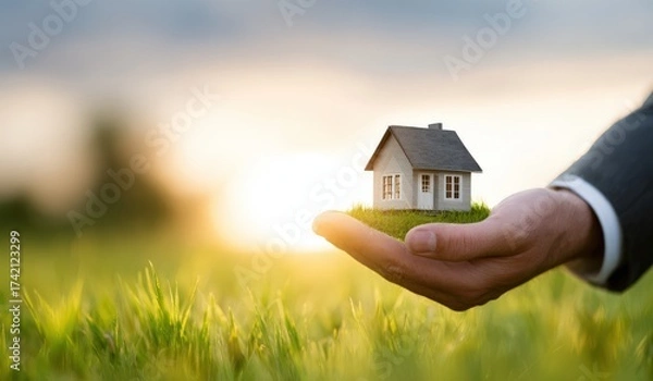 Obraz A person is carefully holding a small model house in their hand