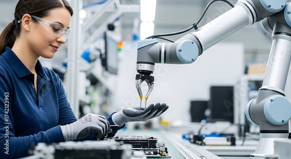 Fototapeta Woman working with a robotic arm in a factory, Robotics in manufacturing: A technician working with automated equipment