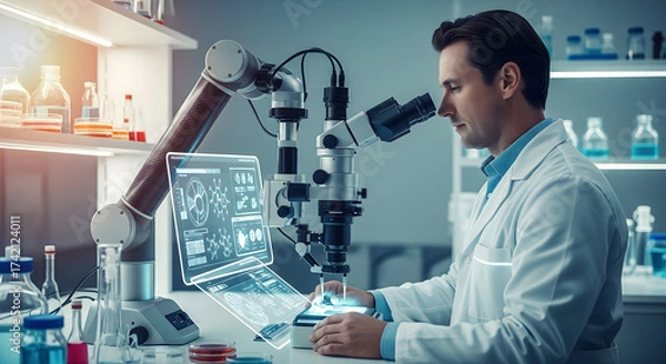 Fototapeta Modern Scientist Using Advanced Microscopy Equipment for Groundbreaking Research , A Male Researcher Analyzing Samples with High-Tech Microscope in a Futuristic Lab