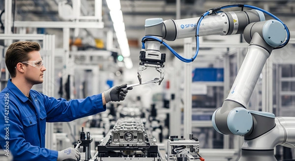 Fototapeta Man and Robot Collaborate in Manufacturing Process, Worker and Robotic Arm Performing a Task in Modern Factory