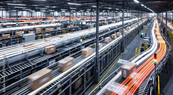 Fototapeta High-Speed Package Delivery: Conveyor Belts in Motion, Automated Parcel Sorting System in Logistics Warehouse