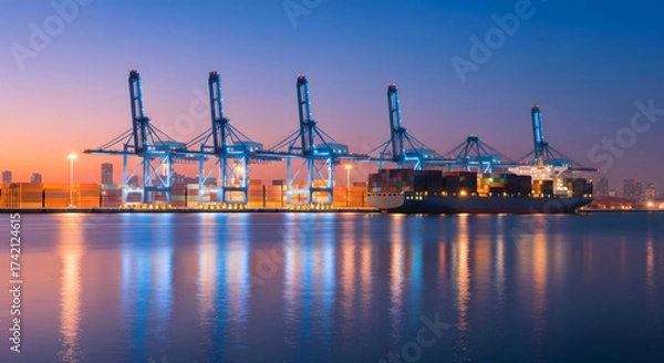 Fototapeta Cargo Ship Docking, Port Cranes at Dusk, Container Shipping at Night, Water Reflection of Industrial Port