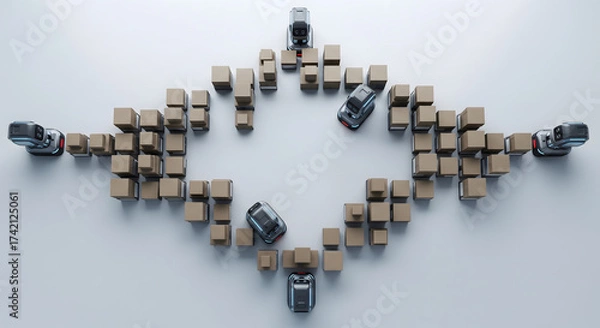 Fototapeta Automated Logistics: A Fleet of Autonomous Robots and Cardboard Boxes in an Abstract Formation, AI-Driven Fulfillment: Self-Driving Vehicles Navigating a Maze of Shipping Containers