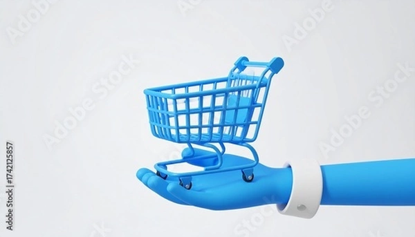 Obraz Miniature blue shopping cart held by blue-gloved hand against clean white background, evoking themes of hygiene, safety, and modern consumer practices in a sterile promotional setting.