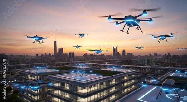 Fototapeta Drones soaring above futuristic cityscape, showcasing innovative urban air mobility solutions, A fleet of modern delivery drones against a cityscape, representing the future of logistics
