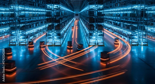 Fototapeta Futuristic Automated Warehouse: Efficient Logistics and Robotic Automation, Streamlined Delivery System: Orange Light Traces of Moving Automated Pallet Delivery Vehicles