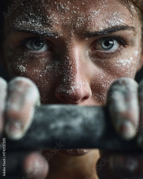 Fototapeta Close-up of female athlete’s hands gripping barbell, chalk dust in air, intense training focus, indoor CrossFit gym, hyperrealistic texture, vertical composition