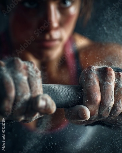 Fototapeta Close-up of female athlete’s hands gripping barbell, chalk dust in air, intense training focus, indoor CrossFit gym, hyperrealistic texture, vertical composition