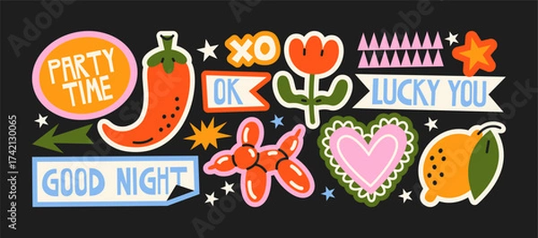 Obraz Futuristic y2k patches, labels, tags, stickers, bracelet stamps in retro. Cartoon stickers in funky hipster groovy grunge 90s style. Vector set, trendy promo labels	