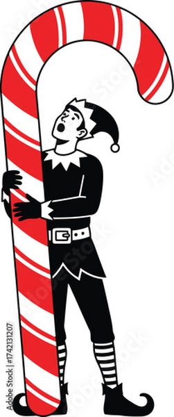 Fototapeta Elf embracing a large candy cane with a surprised expression on face editable stock