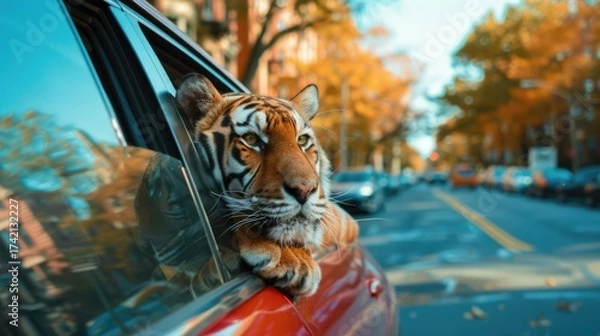 Fototapeta Tiger enjoys a fun car ride, sticking his head out of the window and admiring the beautiful view of the street.
