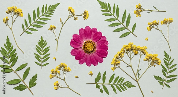 Fototapeta Cheerful Botanical Array Pink Flower Green Leaves Yellow Blooms