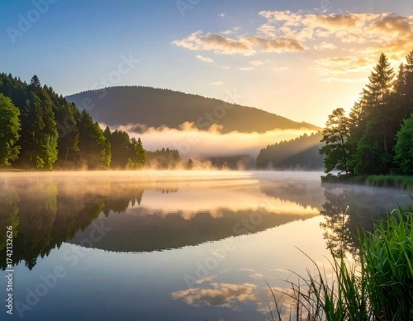 Obraz 朝日が差し込む湖畔の美しい風景