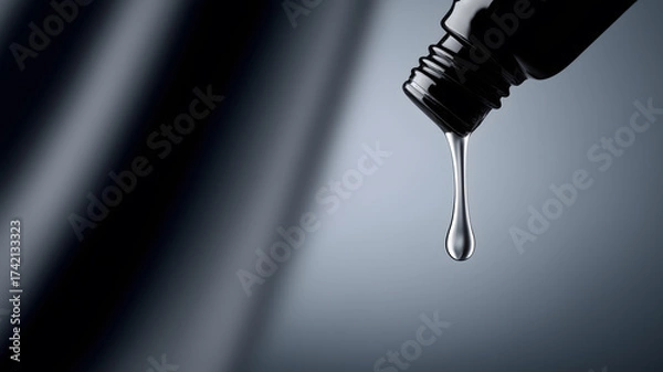 Fototapeta Macro close-up of liquid droplet falling from black glass bottle on dark background